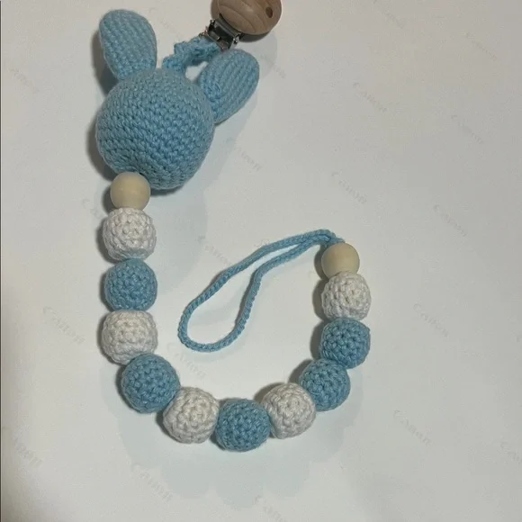 Hand Made Blue and White Bunny Pacifier Clip - Picture 5 of 5